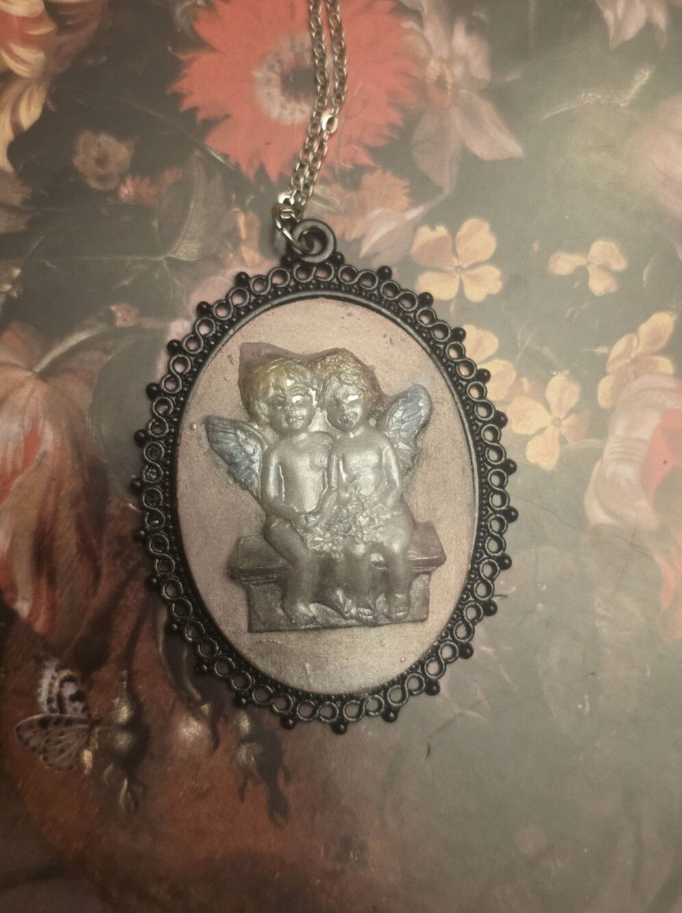 Pink / White Two Cherub Angels Sitting On Stainless Steel Chain Necklace